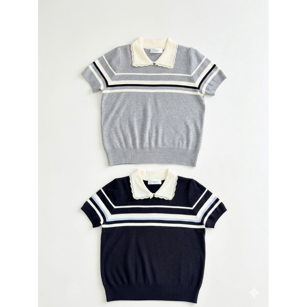 HANABRAND: Pimty Polo (พิมตี้)  เสื้อคอปกกุ้นขอบผ้าลูกไม้ ทรงแขนจั้ม ผ้าไหมพรมทอลาย