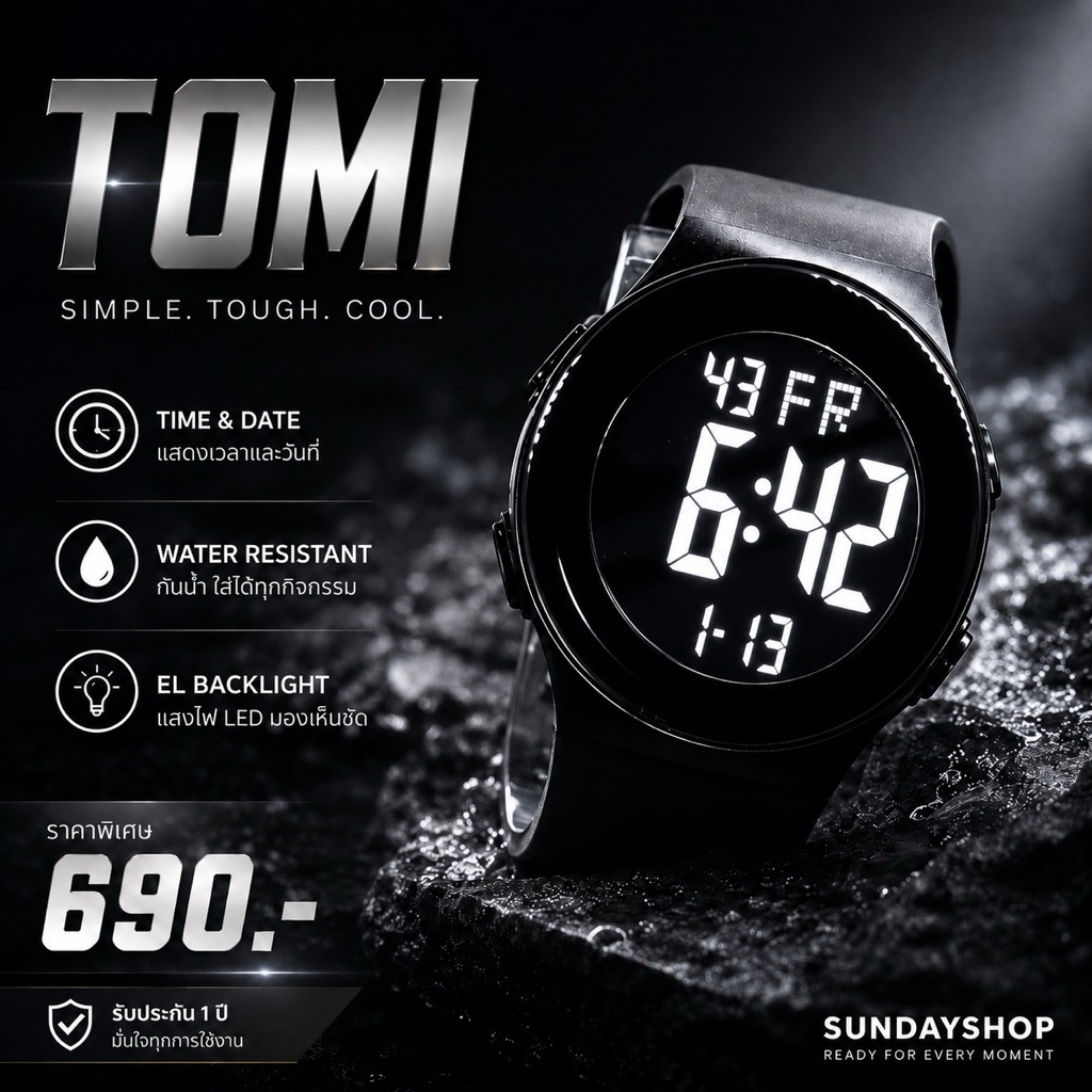 (T10) นาฬิกาข้อมือกันน้ำ TOMI สายSport ใส่ได้ทุกวัย