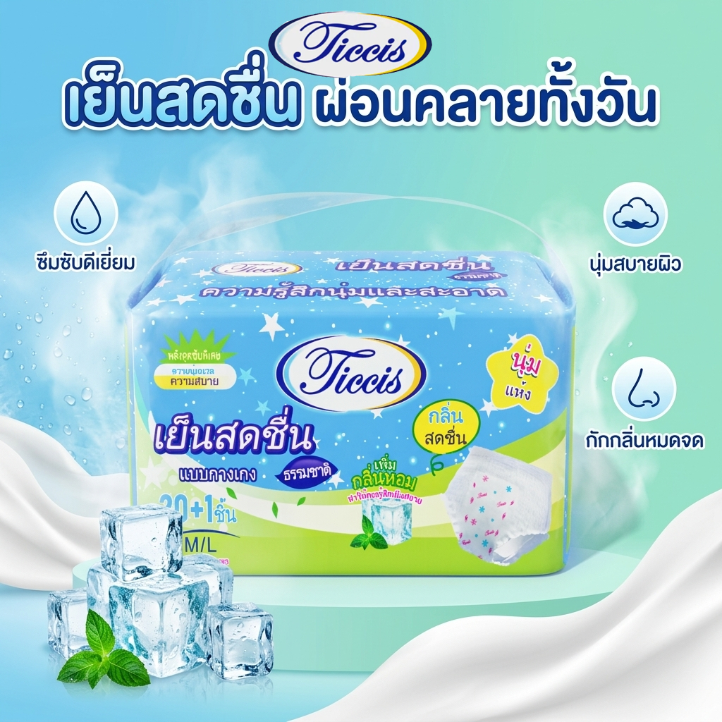 21 ชิ้น/แพ็ค ผ้าอนามัยกางเกงผู้หญิง Ticcis ，กลิ่นสดชื่นจากแตงกวา /สดชื่น เย็นสบาย/ กันรั่ว 360°