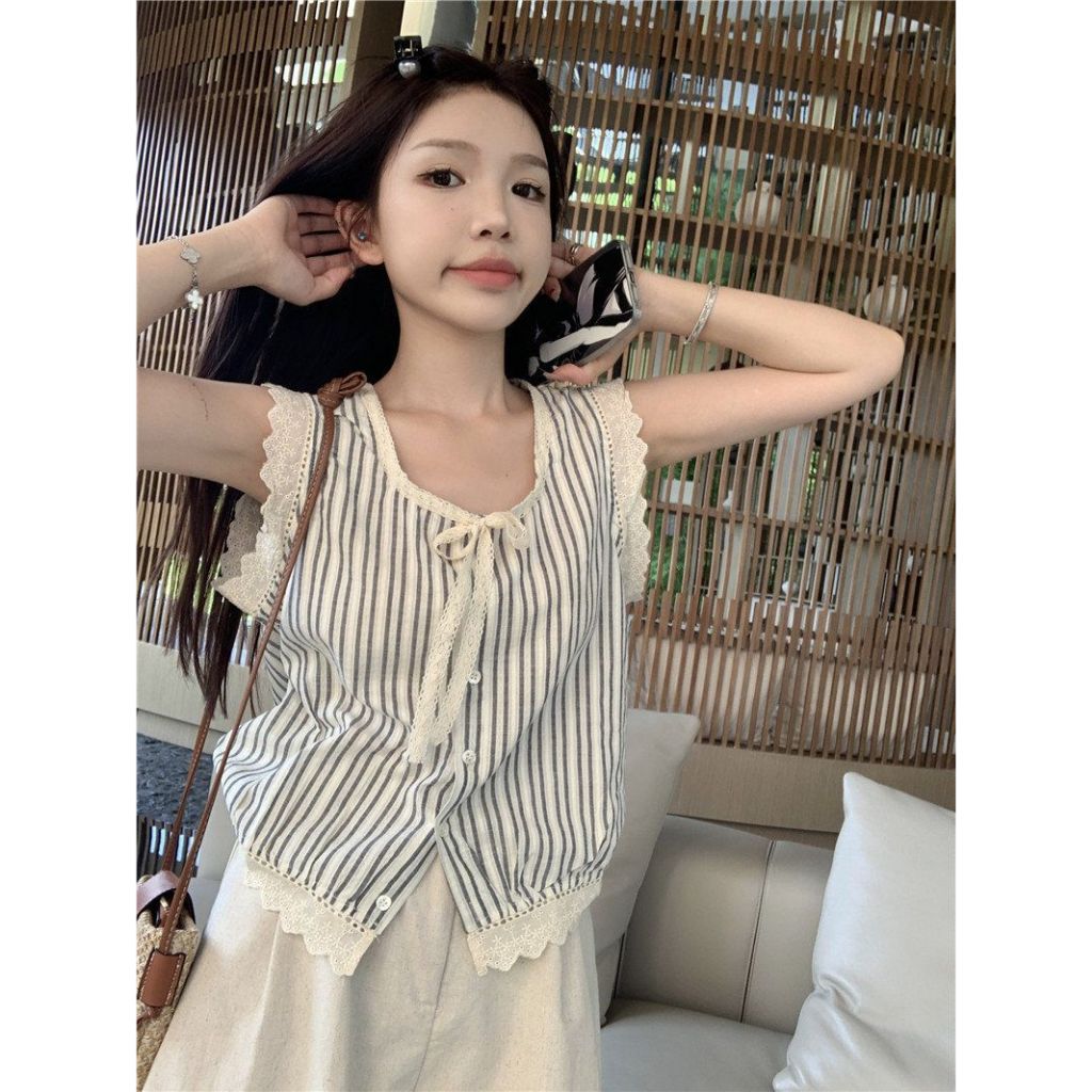 🧡LINNA🧡แถบ ผูกขึ้น แขนกุด เสื้อเชิ้ต สไตล์ใหม่ แฟชั่น หวาน