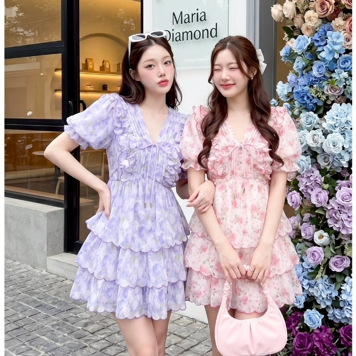 (มี3XL) Maria Diamond มี 2 สี Floral Twin Dress เดรสผ้าชีฟองพิมพ์ลาย อกดีเทลระบาย แขนตุ๊กตา ขอบปักทรงสวย ซิปหลัง มีซับใน