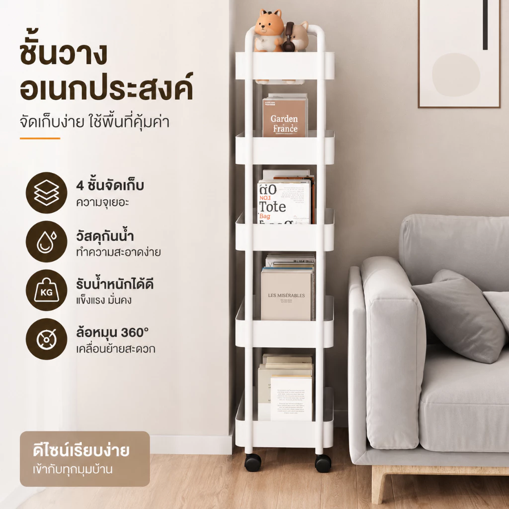 ชั้นวางหนังสือพลาสติก PP มีล้อ thumbnail 5