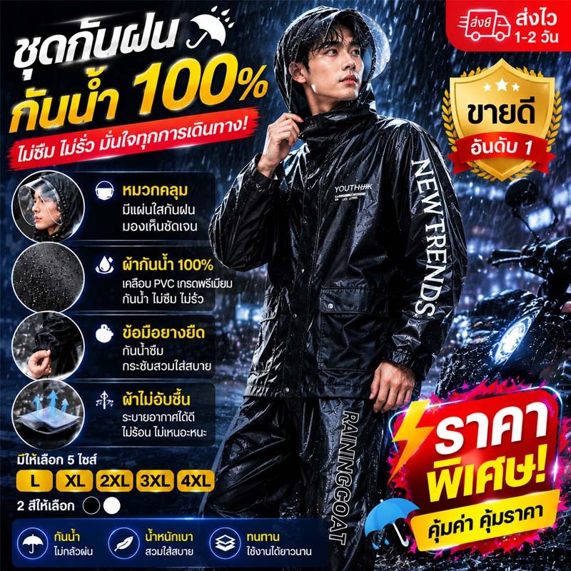 เสื้อกันฝนแบบหนา ผู้ใหญ่ สีดำ 3XL ชุดเสื้อกางเกง ขี่มอเตอร์ไซค์ กันน้ำกันลม ทนทานใช้ยาวนาน