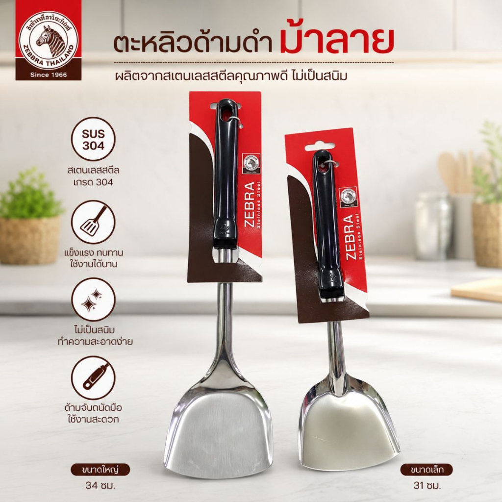 ตะหลิวสแตนเลส ด้ามดำ (ZEBRA) สำหรับงานครัว  มี 2 ขนาดให้เลือก