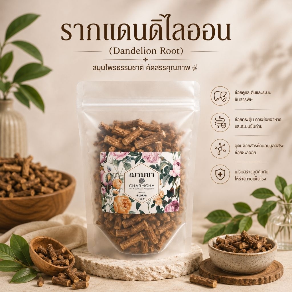 รากแดนดิไลออน (Dandelion Root) คัดพิเศษ ช่วยบำรุงตับ โดยกระตุ้นการสร้างน้ำดีที่ตับและเพิ่มการไหลน้ำดีไปยังถุงน้ำดี charm
