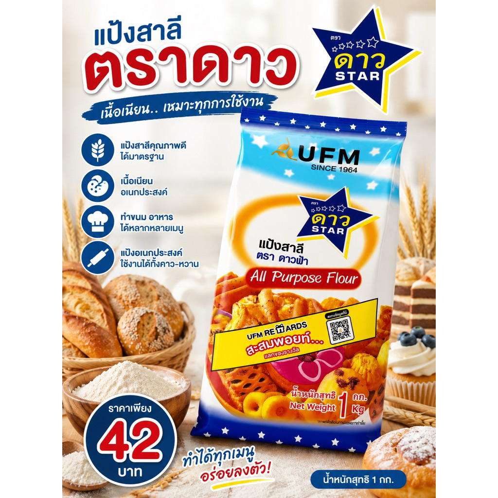 แป้งสาลี ตราดาวฟ้า 1 กิโลกรัม คุณภาพดี