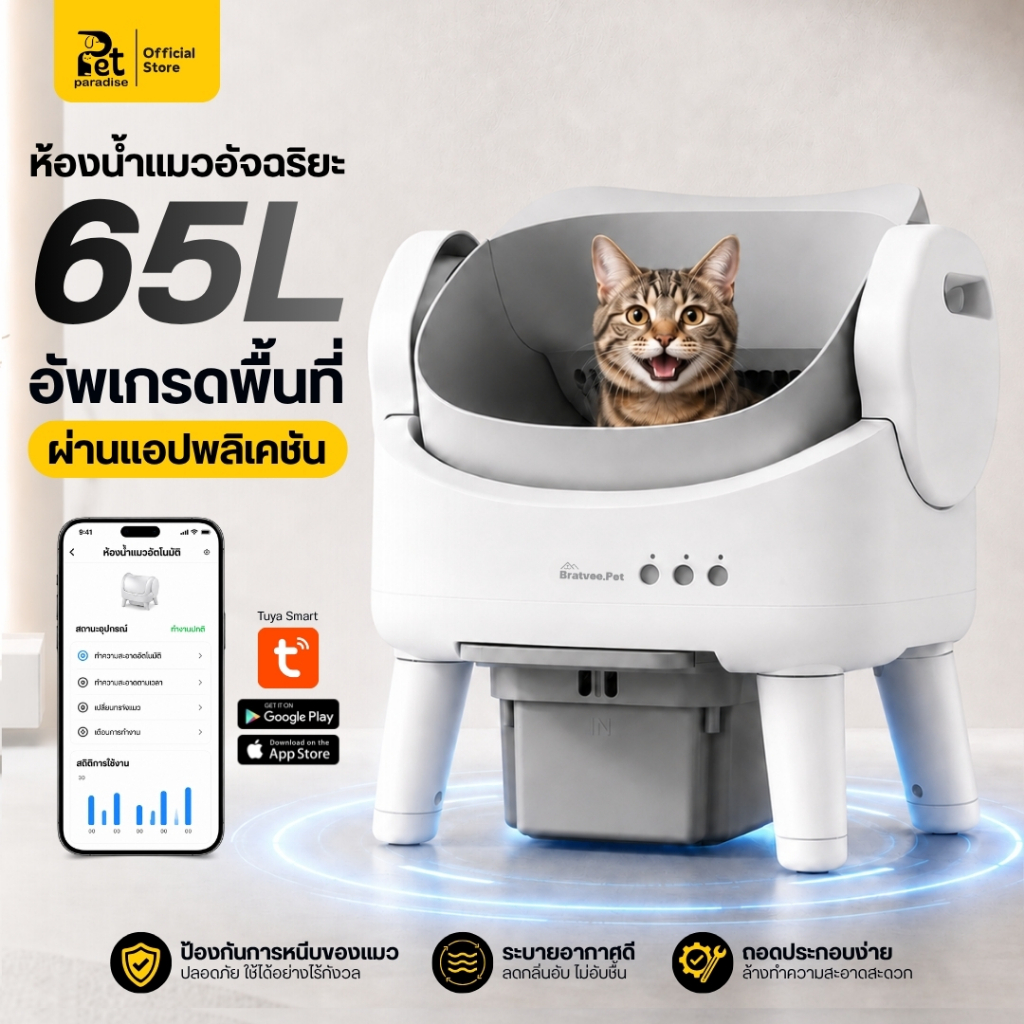 ห้องน้ำแมวอัตโนมัติ Bratvee ถังเก็บของเสีย 15L กระบะทรายแมวอัตโนมัติ ควบคุมผ่านแอป รับประกัน 1 ปี