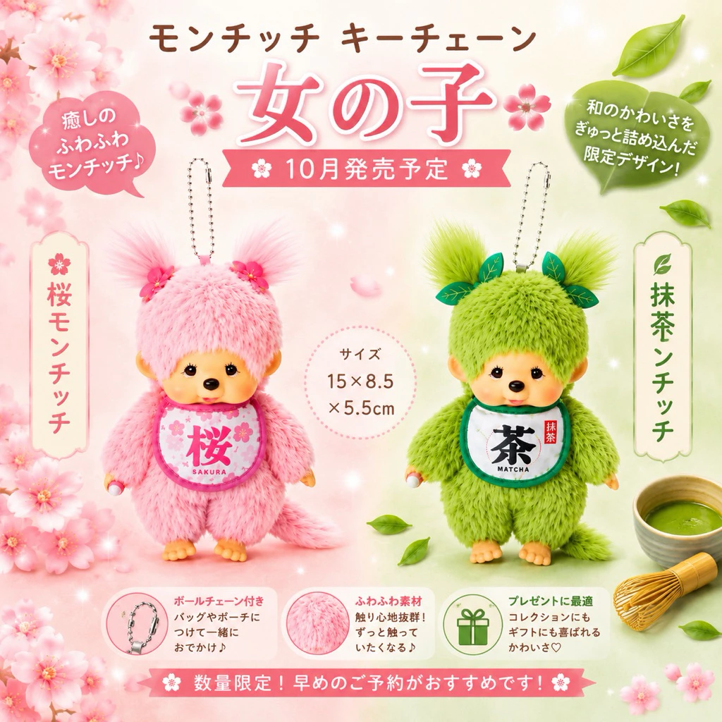 พร้อมส่งพวงกุญแจตุ๊กตา Sekiguchi Monchhichi รุ่น Limited Edition คอลเลกชัน Sakura และ Matcha