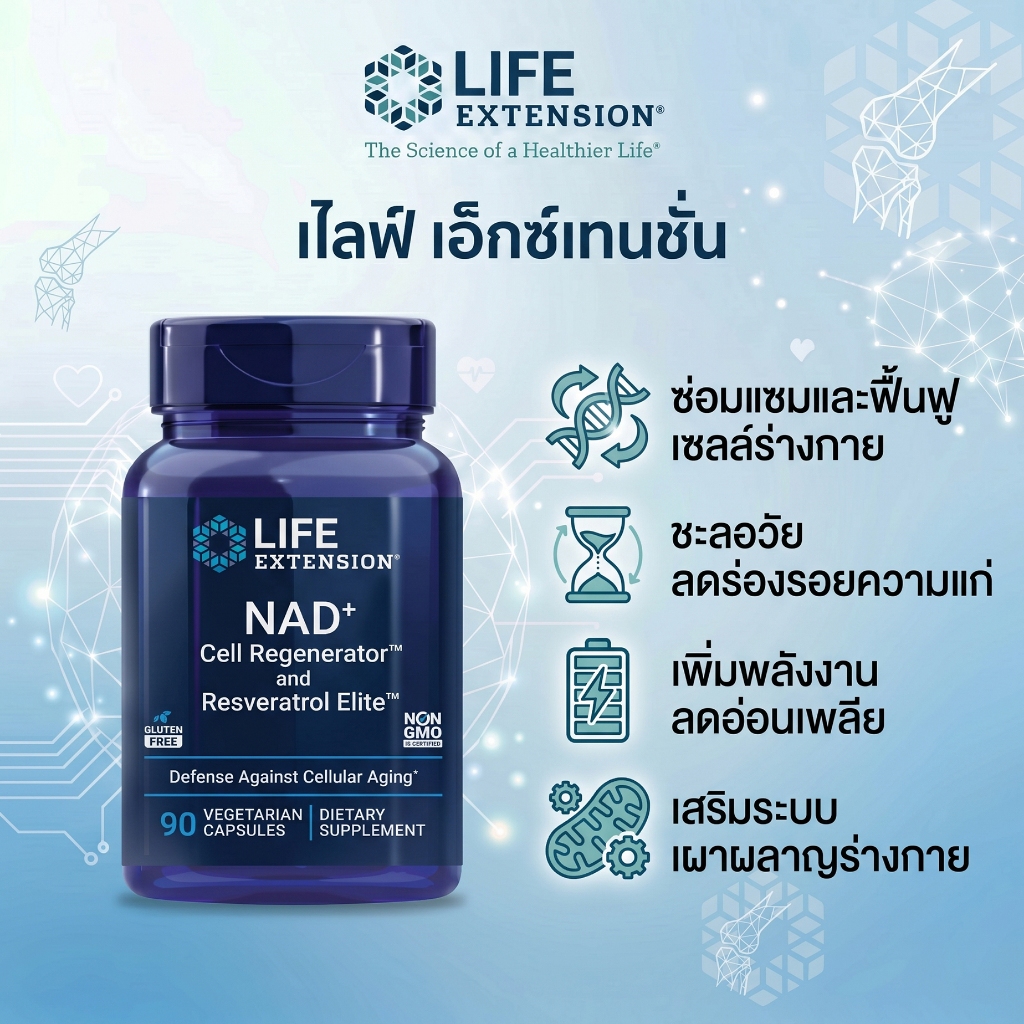 Life Extension NAD Cell Regenerator ซ่อมแซมเซลล์ ชะลอวัย เพิ่มพลังงาน ไม่มีกลูเตน ไม่จีเอ็มโอ มังสวิรัติ