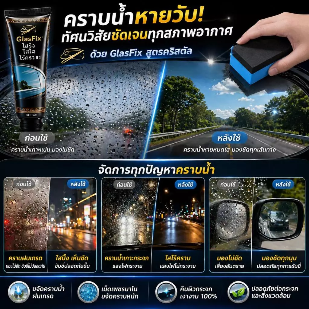 ครีมขัดกระจก น้ำยาทำความสะอาดกระจก ขจัดฝนกรด	ล้างคราบน้ำ ใช้ได้กับรถยนต์และมอเตอร์ไซค์ ไม่มีกรด ไม่ทิ้งคราบ thumbnail 6