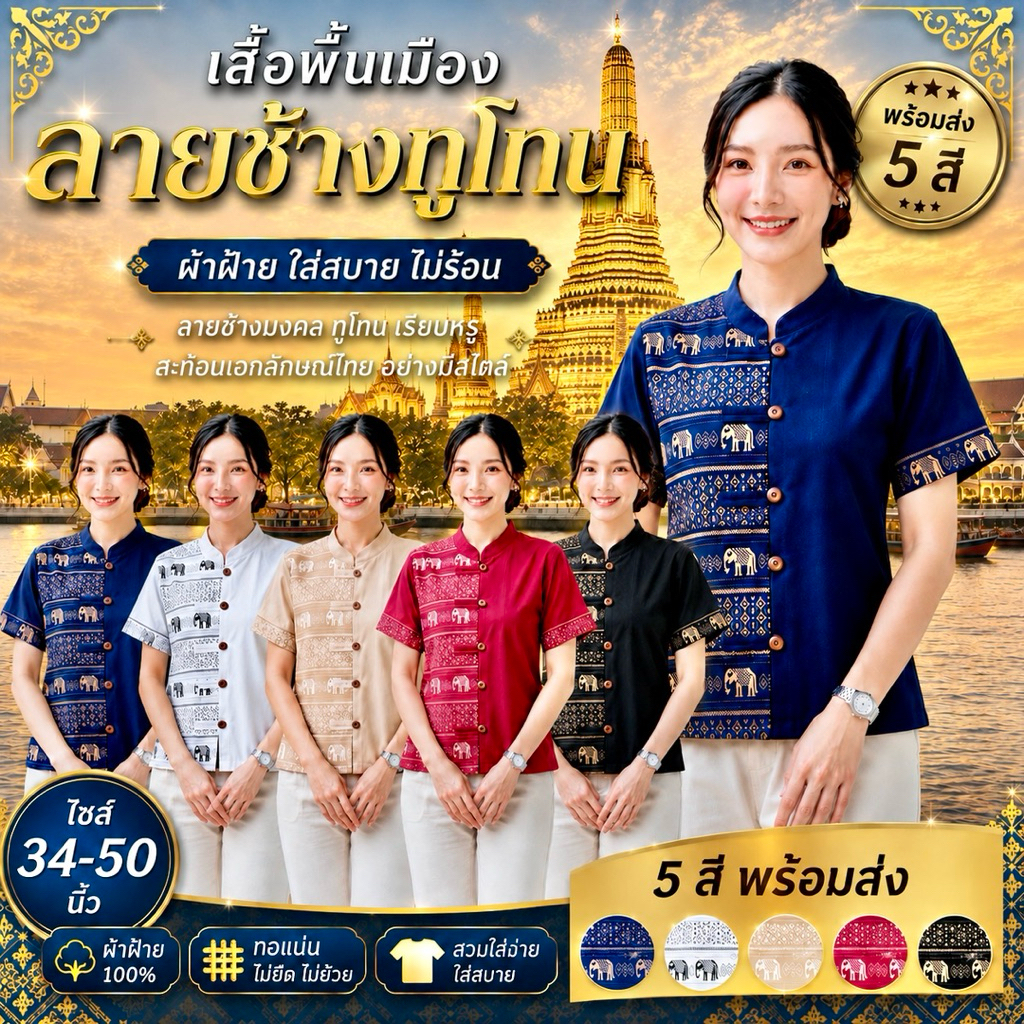 เสื้อคอจีน ลายช้าง ทูโทน พร้อมส่ง5สีจ้า