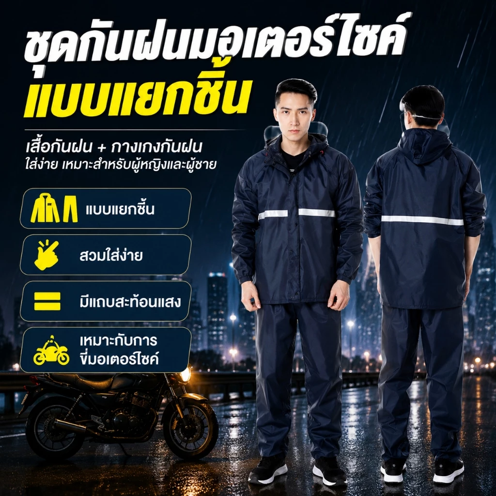 ชุดกันฝน เสื้อ+กางเกง ผ้าออกซ์ฟอร์ด กันน้ำ 100% มีแถบสะท้อนแสง กันลม ระบายอากาศดี