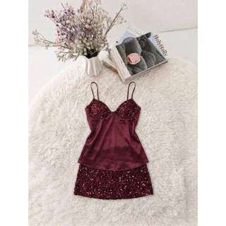 💕ShopBypuy💕ชุดเซ็ตสายเดี่ยวซาตินวิ้งๆเสื้อ+กระโปรง