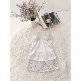 💕ShopBypuy💕ชุดเซ็ตสายเดี่ยวซาตินวิ้งๆเสื้อ+กระโปรง