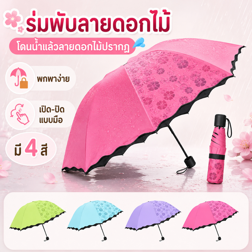 ร่มพับกันแดดและกันฝน ลายดอกไม้เมื่อโดนน้ำ ผ้า 2 ชั้น กัน UV ป้องกันรังสี UV