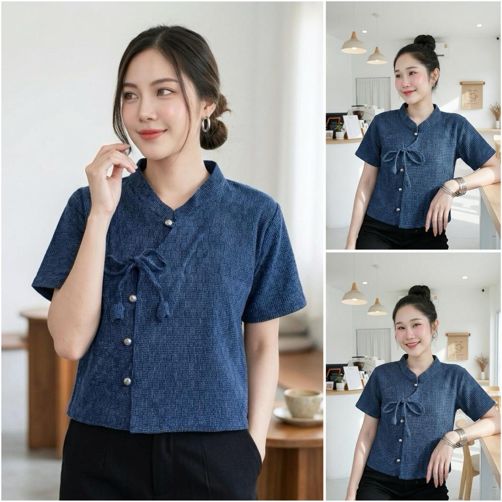 เสื้อผ้าฝ้ายฟอกสโตนวอส ผูกโบว์ดอกทิวลิป แต่งกระดุมเงิน เสื้อผ้าฝ้าย