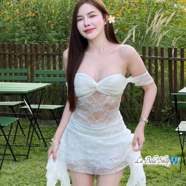 MNV STUDIO งานชุดเซต งาน2 ชิ้น   บอดี้สูทปาดไหล่   +   กระโปงซับในกางเกง   ผ้าลูกไม้นิ่ม
