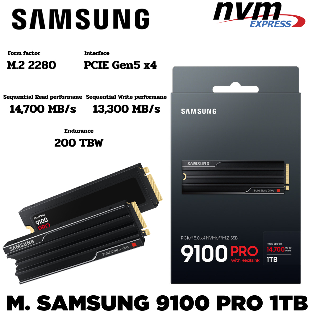 M.2 1TB SSD (เอสเอสดี) SAMSUNG 9100 PRO NVME M.2 GEN5 SSD 1TB WITH HEAT SINK