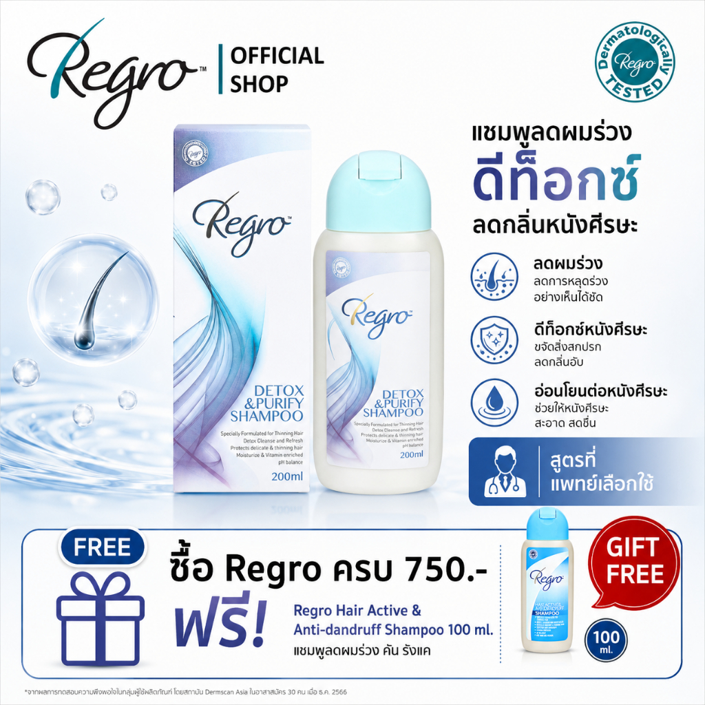 Regro Detox & Purify shampoo 200 ml. แชมพูทำความสะอาดเส้นผม สูตรดีท็อกซ์ ไม่มีส่วนผสมของซิลิโคน เหมาะกับผู้ที่มีสิวง่าย