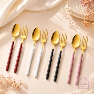 NEW 🍚ช้อนส้อมสแตนเลส 304 ด้าม 2 Tone เคลือบทอง ดีไซน์สวยหรู ปลอดภัยต่ออาหาร 💖| lassiedecor