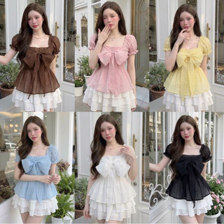 (อก30-42) เสื้อแขนตุ๊กตาพร้อมมัดโบว์ใหญ่สุดหวาน เสื้อผ้าผู้หญิง สาวอวบใส่ได้อกถึง 44Sweet Bow Puff Blouse