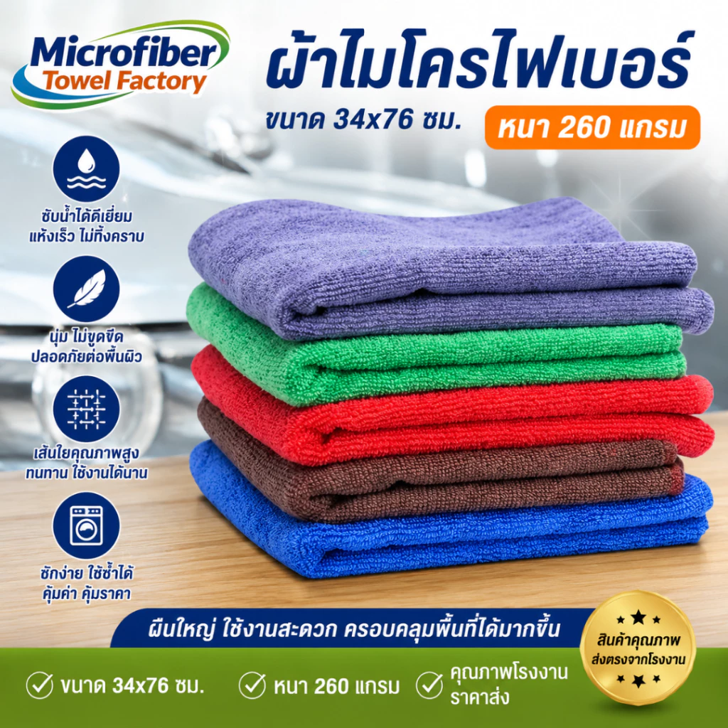 ผ้าไมโครไฟเบอร์ 34×76 cm หนา 260GSM เช็ดสะอาด ซับน้ำดี ไม่ทิ้งขุย ใช้งานได้หลากหลาย!