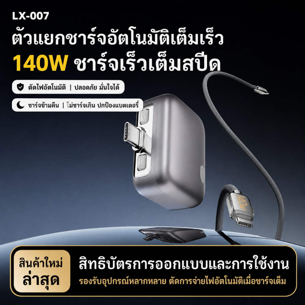 [COD] เครื่องชาร์จดับอัตโนมัติ LX-007 140W ชาร์จค้างคืนปลอดภัย Auto-Eject ตัดไฟจริง Universal