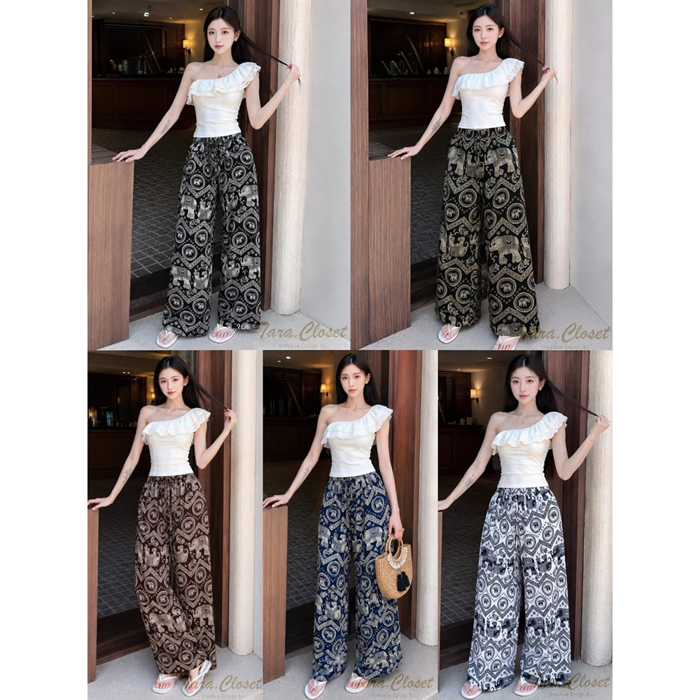 COM507 TARA Pants กางเกงช้างขายาว เอวยางยืด ทรงขากระบอกใหญ่ ผ้าไหมอิตาลีอย่างดี ลายผ้าขา 2 ข้าง ตรงกัน ช้างไม่กลับหัว