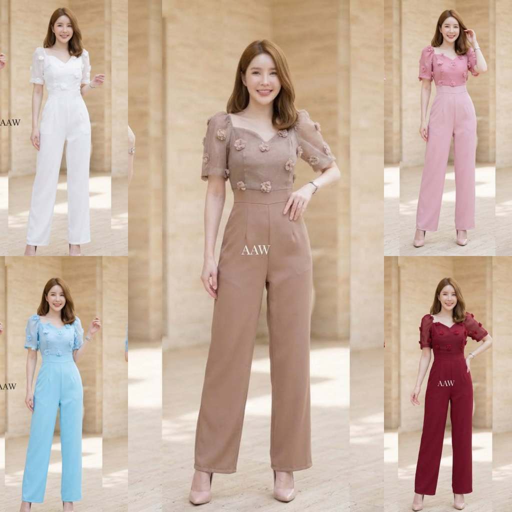 เสื้อผ้าแฟชั่นออกงาน พร้อมส่ง จั้มติดดอกขายาว ใส่ออกงาน ใส่เที่ยว สวยดูหรู ตรงปก สีชมพู แดง ขาว น้ำตาล ฟ้า โอรส