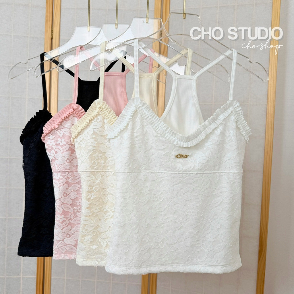 Camellia Top🌷เสื้อสายเดี่ยวผ้าลูกไม้ ผสมผ้ายืด สอยอะไหล่ทองCho