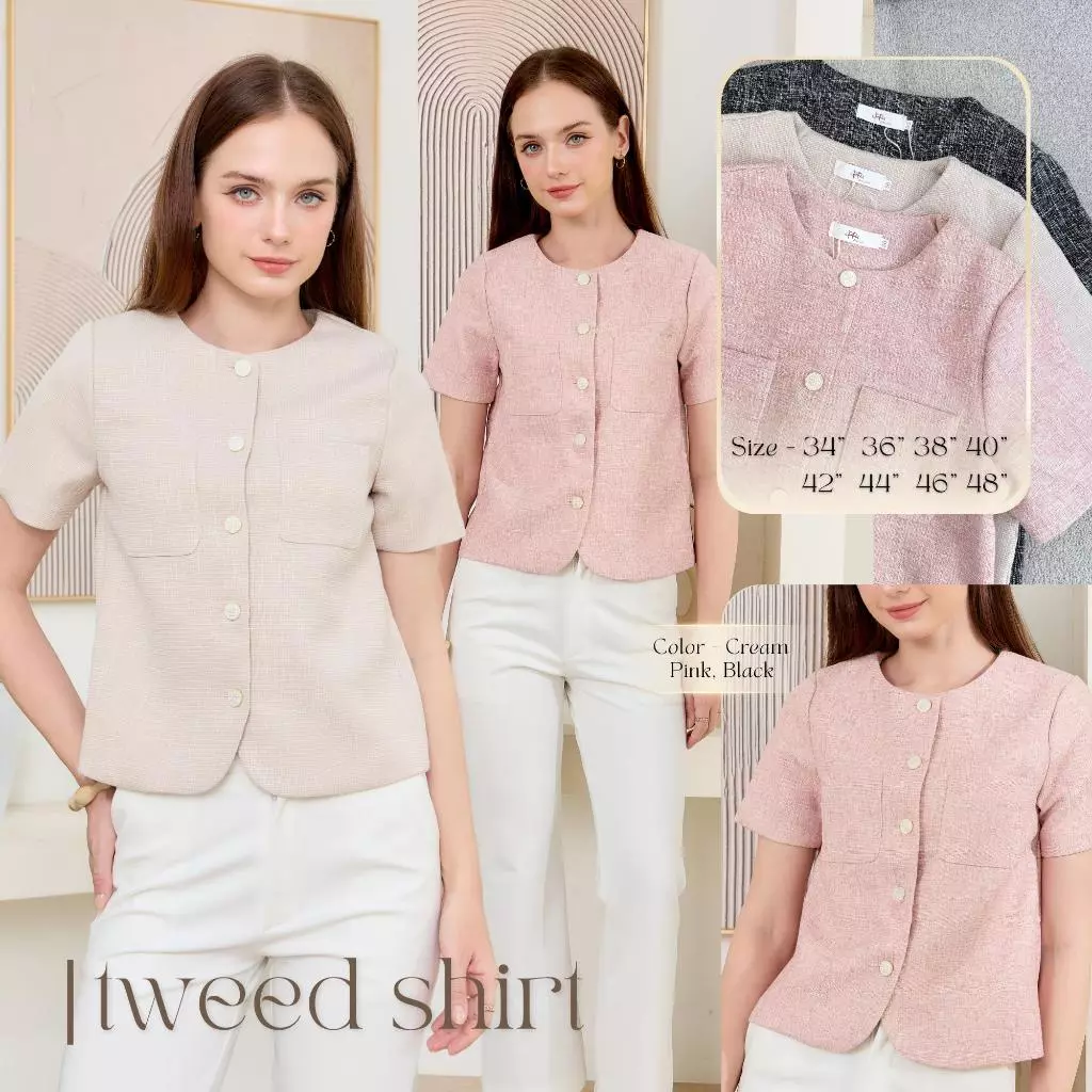 POI เสื้อทวิตคอกลมแต่งกระดุมขาว พรีเมี่ยมคลาสสิค C001D7