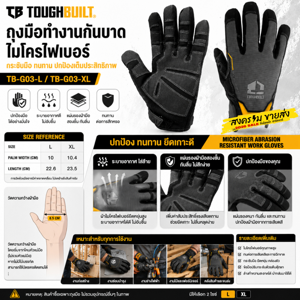 ส่งจากไทย ToughBuilt รุ่น TB-G03 ถุงมือทำงานกันบาด ไมโครไฟเบอร์ (มีตัวเลือก L / XL) ฝ่ามือเสริมแผ่นรอง 2 ชั้น กันลื่น