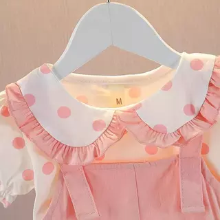 🎀 ชุดเดรสเด็กผู้หญิงลายจุด พร้อมเสื้อคอบัว แต่งหมีน่ารัก สไตล์เจ้าหญิง ใส่สบาย น่ารักสดใส 0-2ปี