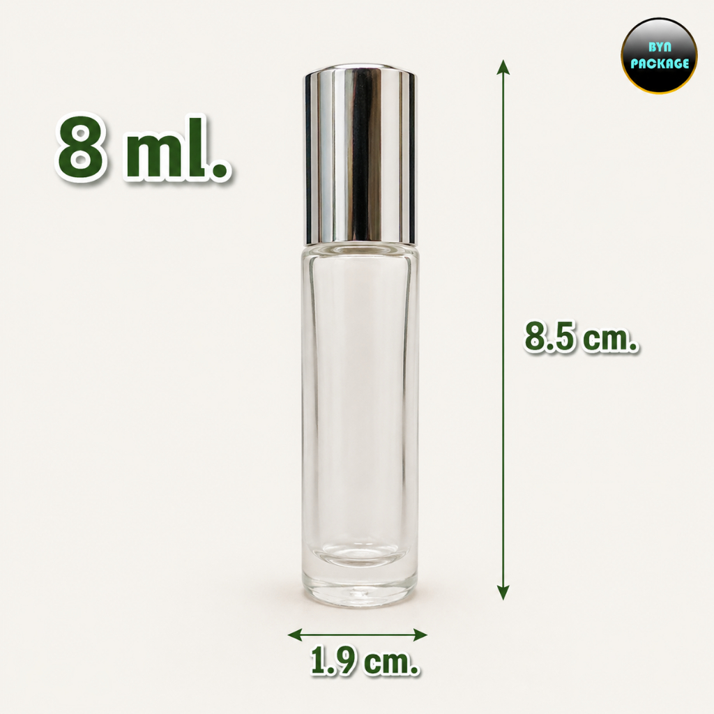 ขวดแก้ว 8 ml.  (50ใบ) พร้อมลูกกลิ้ง และ ฝามีให้เลือกหลายสี / ขวดน้ำมันนวด ขวดน้ำมันหอมระเหย ขวดยาดม