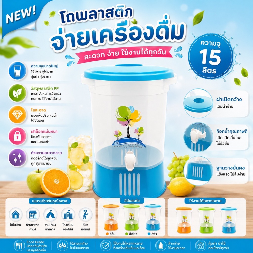 PB-626 โถพลาสติกจ่ายเครื่องดื่ม 15 ลิตร คูลเลอร์กลมมีก๊อก คูลเลอร์ใส กระติกน้ำพลาสติก รูปทรงทันสมัย มี 2สี ( พร้อมส่ง )