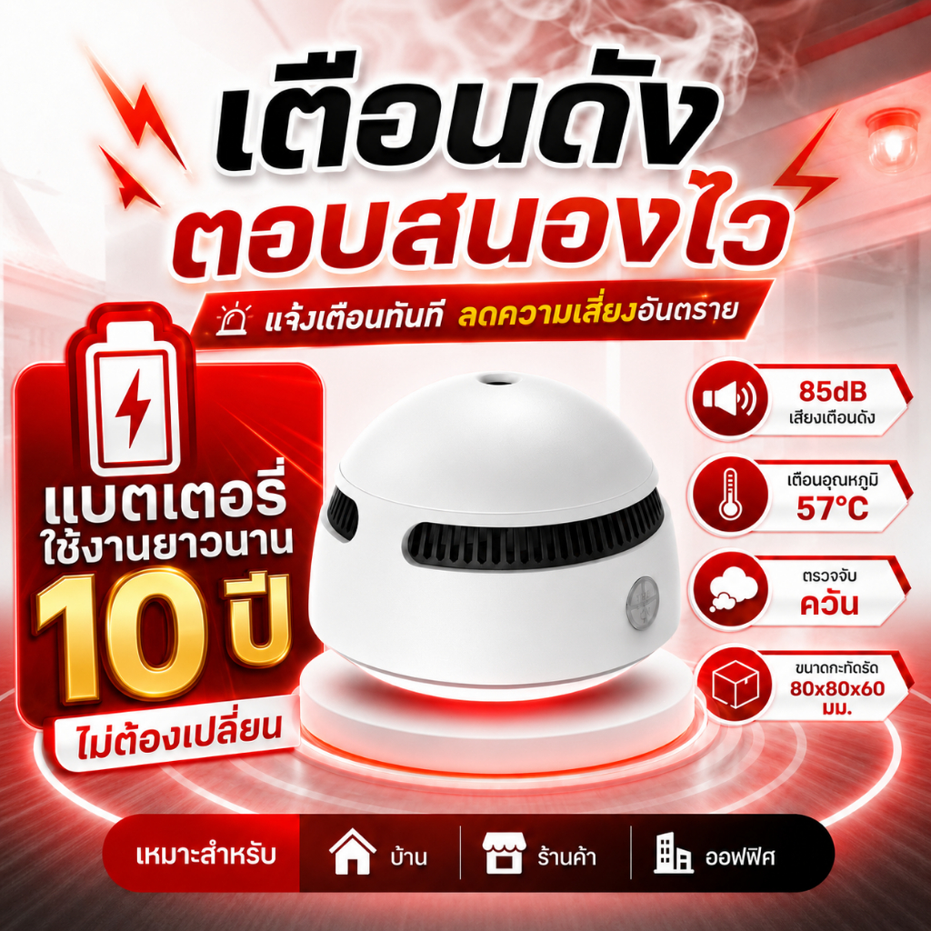 เครื่องตรวจจับควัน Alarm ตรวจจับควันไฟ สัญญาณเตือน 85dB แบตเตอรี่ลิเธียมใช้งานยาวนาน 10 ปี ไม่ต้องเดินสาย ติดตั้งง่าย