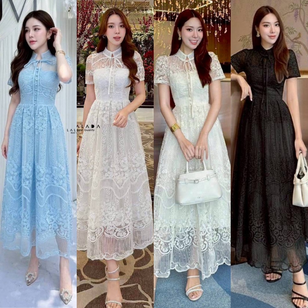 🚩ร้านโค้ดคุ้ม🚩 LALADA เดรสผ้าลูกไม้ แต่งกระดุม ผูกโบว์ มีซับใน เรียบหรู ใส่ออกงานบุญ งานบวช แฟนนาค กฐิน