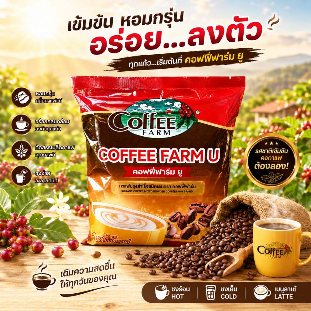 กาแฟ ชุมพร กาแฟสายตา Coffee Farm U คอฟฟี่ฟาร์มยู 1 ห่อ 25 ซอง