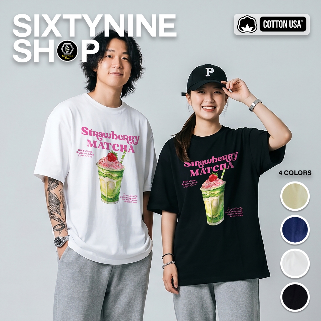 เสื้อยืดผ้าคอตตอน M-4XL พิมพ์ลาย " Strawberry Matcha " พร้อมส่ง