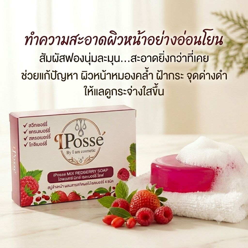 สบู่ล้างหน้า ดูแลหน้าเป็นฝ้า กระ ผิวหมองคล้ำด้วยสารสกัดผลไม้เบอร์รี่สีแดง 4 ชนิด ขนาด 60กรัม