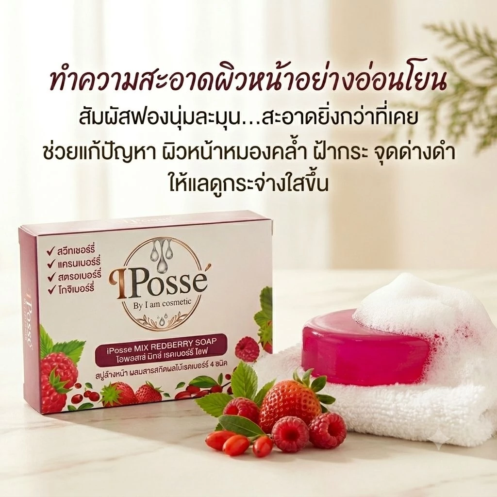 สบู่ล้างหน้า ดูแลหน้าเป็นฝ้า กระ ผิวหมองคล้ำด้วยสารสกัดผลไม้เบอร์รี่สีแดง 4 ชนิด ขนาด 60กรัม
