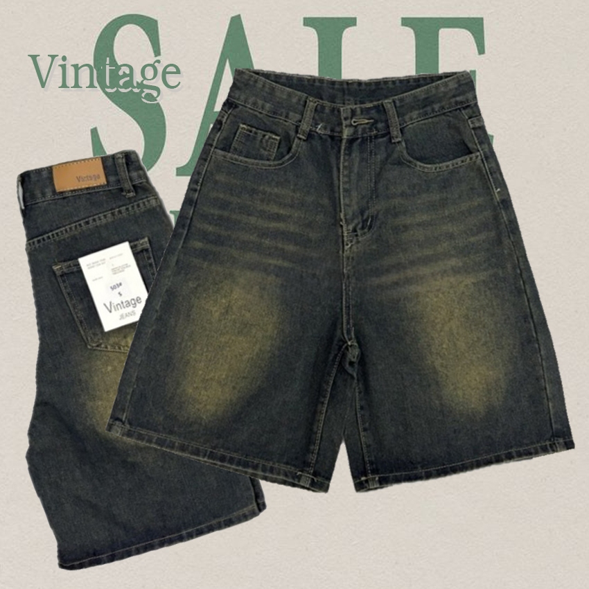 Vintage รุ่น 503 กางเกงยีนส์ ขาสั้น แต่งเฟดขา สีสนิม ทรงสวย ผ้าไม่ยืด