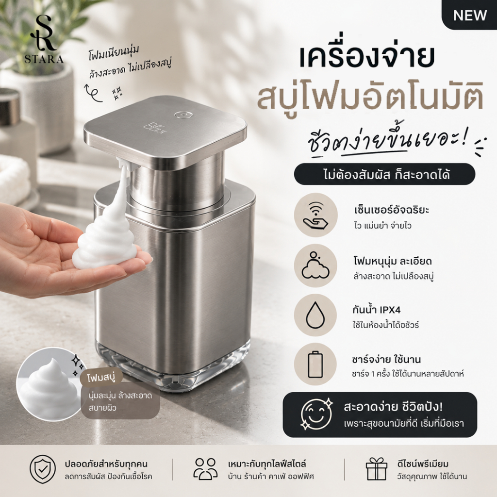 STARA ที่กดสบู่โฟมอัตโนมัติ เซ็นเซอร์ไร้สัมผัส สะอาด ปลอดภัย ห้องน้ำ ครัว สแตนเลส กันน้ำ IPX5 ปรับ 3 ระดับ ประกัน1ปี