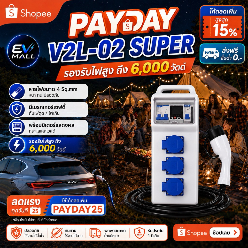 (รุ่นโปร)V2Lรุ่น02 Super-สายยาว20เมตร ใช้เสียบจ่ายไฟออกจากรถEVรองรับBYD MG DEEPAL AION GEELY GWM JAECOO WULINGและอื่นๆ