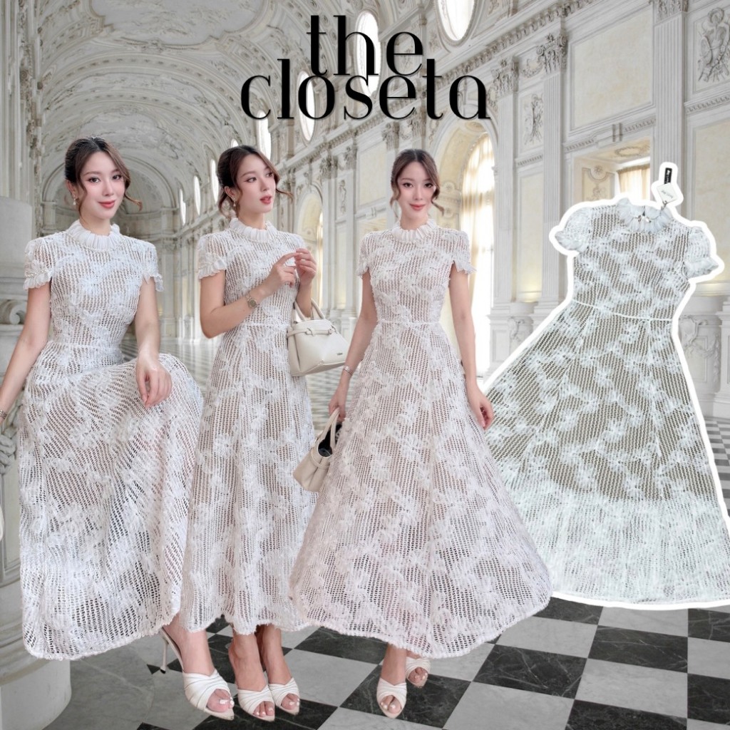 THE CLOSETA : LV343  ชุดเดรสสีขาวคอปีนแต่งดอกไม้3D ใส่ทำบุญ งานบวช