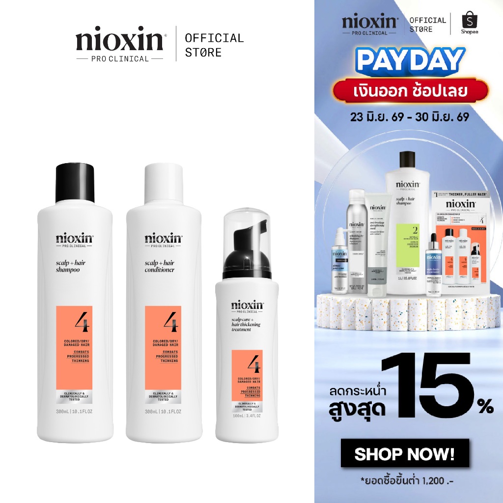 NIOXIN System 4 Kit ผมบางชัดเจน ผมทำสี/ดัด-ยืด/ฟอก เซ็ต 3 ชิ้น (ไนอ๊อกซิน แชมพูผมบาง เซรั่มผมบาง) ขนาด 300ml