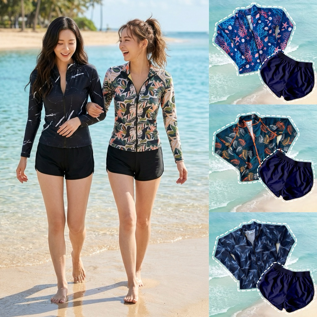 S - 2XL (ลายใหม่) เสื้อแขนยาวซิปหน้า พร้อมกางเกงขาสั้น โทนเข้ม