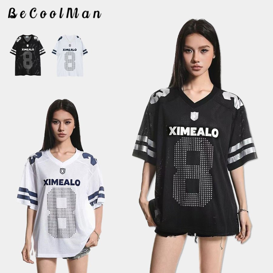 💥BecoolMan💥สตรีทสไตล์อเมริกัน เสื้อกีฬา พิมพ์ลายเพชรร้อนดิจิตอล คอวีเย็บต่อกัน หลวมสบาย ตาข่ายระบายอากาศ ลำลองแมทช์ง่าย