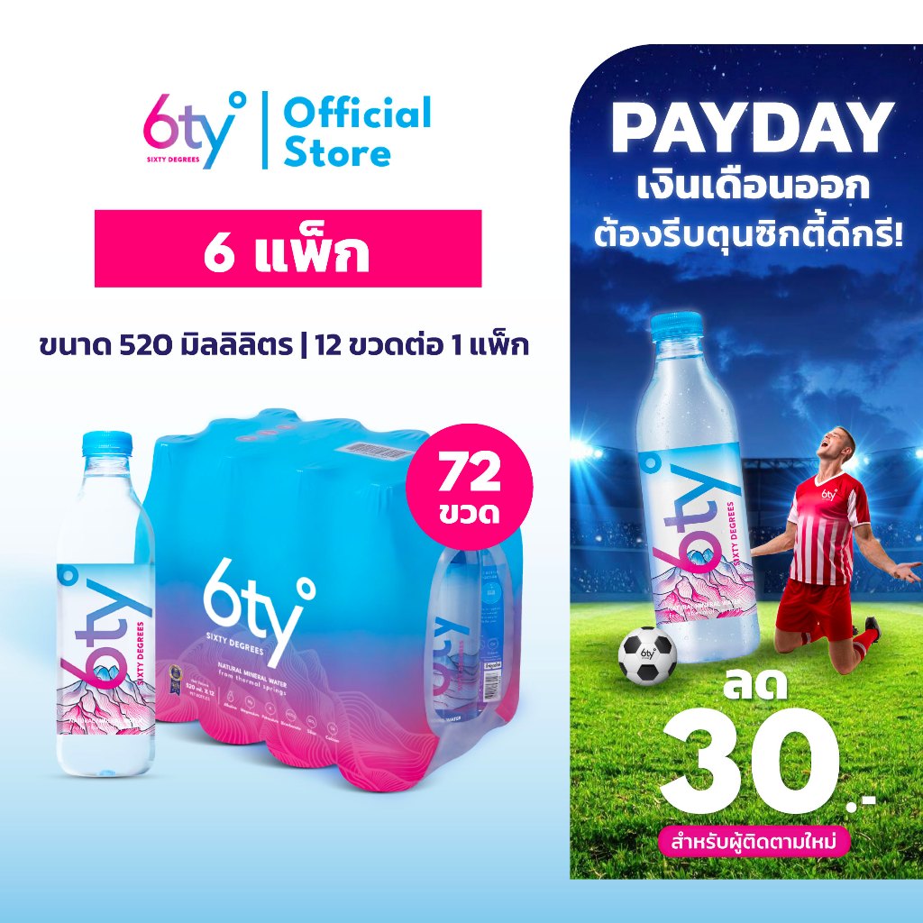 [ส่งฟรี] 520ml 6 แพ็ก 72 ขวด นํ้าแร่ 6ty Degrees Mineral Water น้ำแร่ธรรมชาติ 100% จากแหล่งน้ำแร่เชียงดาว