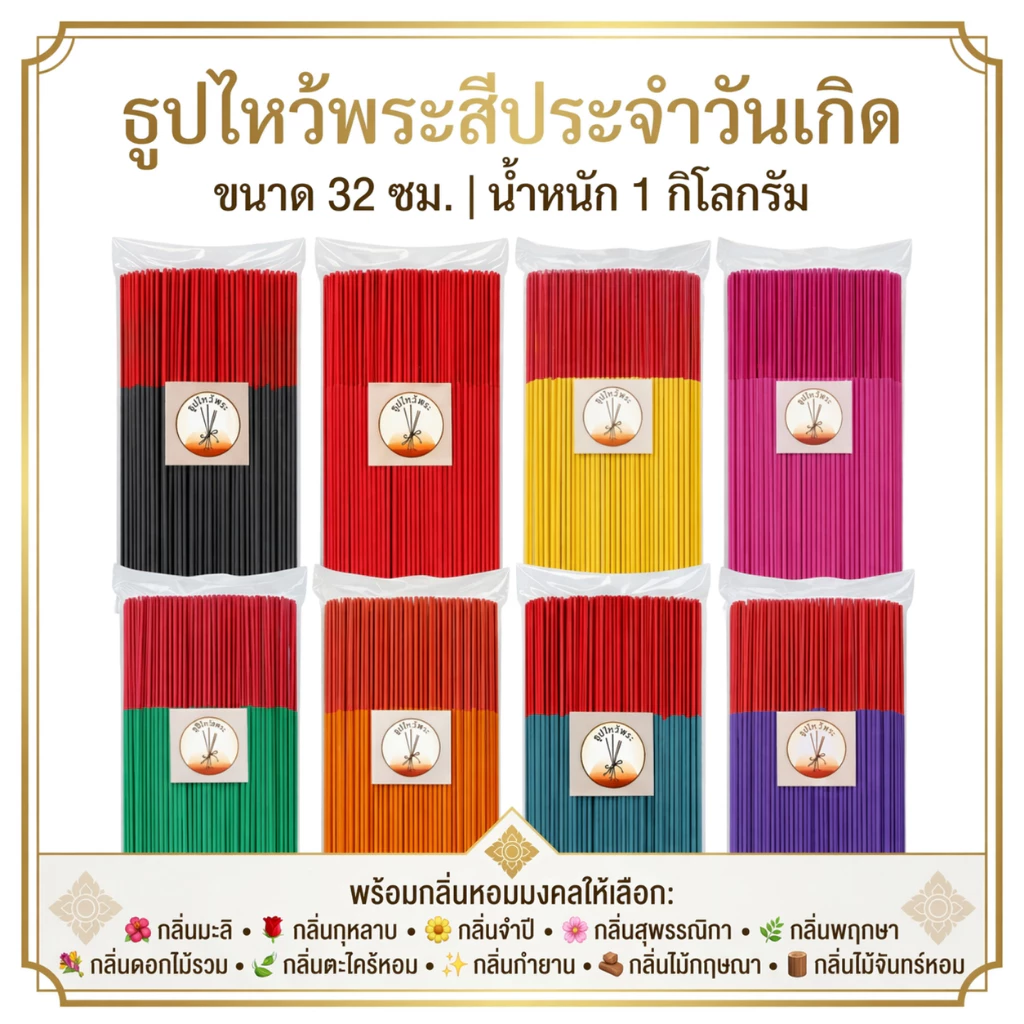 ธูปหอมไหว้พระ ธูปหอมสีประจำวัน ขนาด 20 32 ซม. (น้ำหนัก 1 กิโลกรัม)